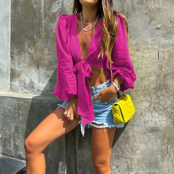 Femmes Blouses Femmes Mode À Manches Longues Col En V Sexy Évider Chemise Casual Party Beach Tops 2023 Summer High Street Tie-Up Bow Blouse