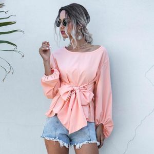 Chemisiers pour femmes Femmes Mode Rose Mousseline de Soie Shiirt Doux Arc Bandage O-cou Lanterne Manches Chemise Décontractée Puls Taille Vacances Blouse Tops Automne