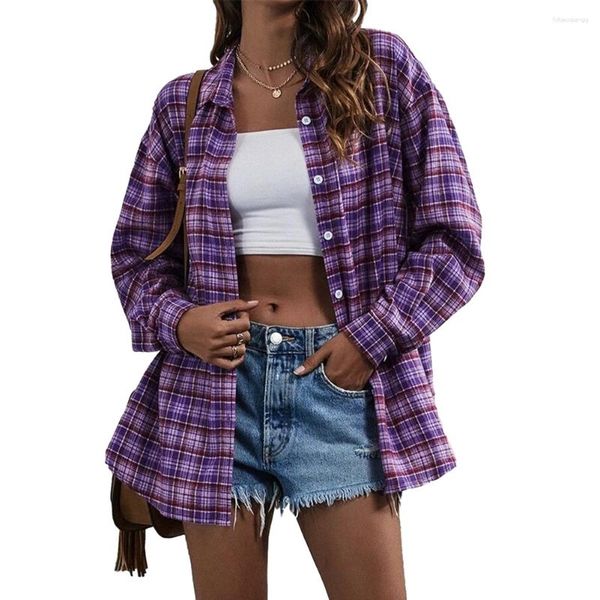 Blouses Femmes Femmes Mode Plaid Check Revers Manches Longues Bouton Chemisier Chemise Casual Lâche Top Slim Simple Boutonnage Cardigan Automne