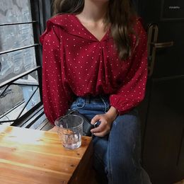 Dames blouses dames mode shirt zomer retro polka print chiffon shirts lange mouwen elegante blouse diep v nek bodem vrouwelijke tops