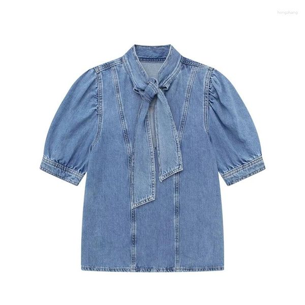 Blouses pour femmes Femmes Mode Avec Bow Denim Bleu Chemises Creuse Vintage Manches Courtes Bouffantes O-Cou Femelle Chic Dame Chemisier