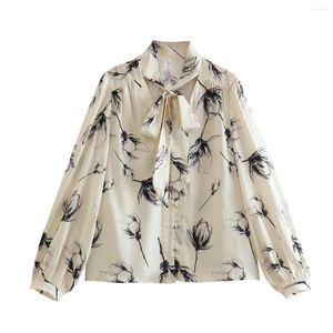 Blusas de mujer, blusa Floral para mujer, ropa de primavera 2023, camisa estampada con cuello de lazo, Top informal moderno para chica