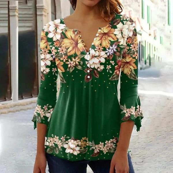 Blusas de mujer Blusa con estampado floral 3d Flor con cuello en V con detalle de botón Dobladillo suelto Primavera Otoño Jersey Camiseta Top