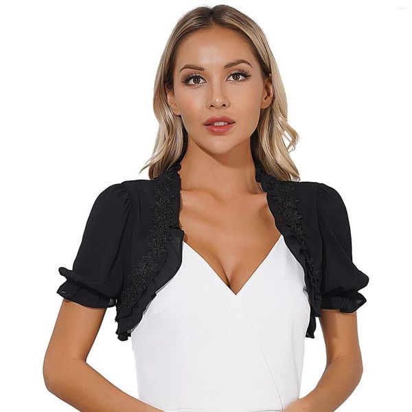 Blouses Femmes Femmes Fleur Broderie Frilly Mousseline Cardigan À Manches Courtes Ouvert Avant Recadré Boléro Élégant À Volants Shrug Cove Ups Crop