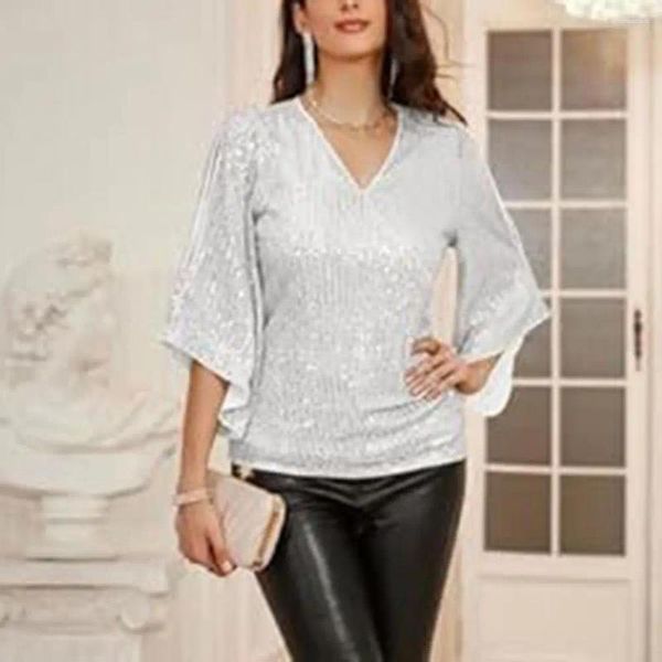 Blouses pour femmes chemises scintillantes paillettes étincelantes Top Sequin Hollow Out V Coule de cou Soft Breathable Lady Commute Prom Three Quarter