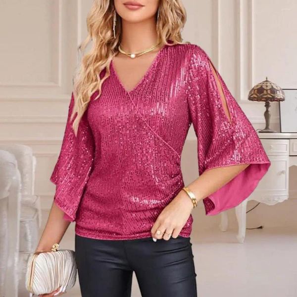 Blouses Femmes Femmes Glitter Chemise Sparkly Top Élégant Sequin Embelli V-Col Blouse Pour Élégant Trois Quarts Manches Dames