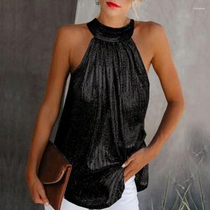 Blouses Femmes Femmes Gold Blouse 2024 Mode Col Haut Sans Manches Hatler Débardeur Gilet Été Casual Chemise Lâche Tee