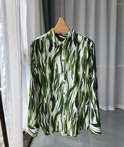 Blusas para mujeres Camisa de blusa de seda para mujeres, impresión de acuarela verde con manga larga