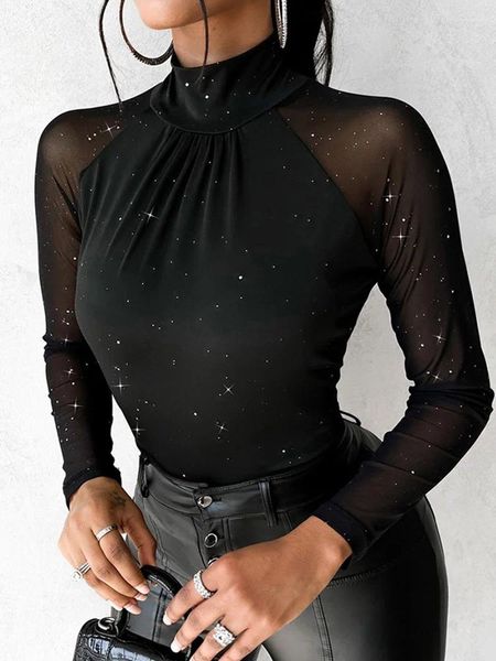 Blouses Femmes Femmes Demi Col Haut Imprimer Top Casual Femme 2024 Printemps Été Blouse Streetwear Slim Fit Noir Pulls Blusa