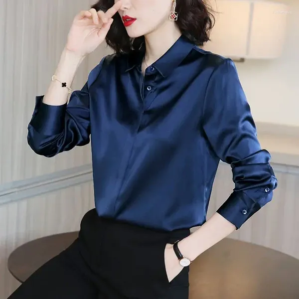 Blouses Femmes Femmes Haute Qualité Satin Élégant Chemise Formelle Mode Business Casual Office Lady Basic All Match Blouse Solide À Manches Longues