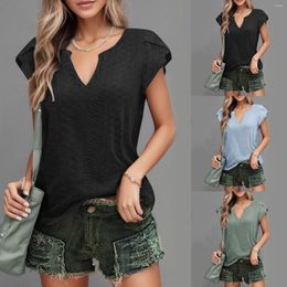 Blouses Femmes Femmes Creux Pétale Manches Courtes T-shirts Oversize Lâche Col V Profond Couleur Unie Blouse Dame Noir Chemise Respirante