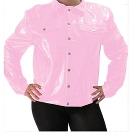 Chemisiers pour femmes Femmes Veste boutonnée à manches longues Chemises Gloosy PVC Col à revers devant avec poche Slim Blouse Tops Club Casual Workwear