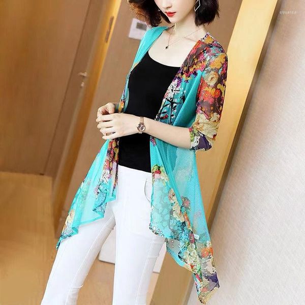 Blouses pour femmes femmes Kimono gilet Blusa climatisation crème solaire femme vestes longues en mousseline de soie dames chemises Famale haussement d'épaules