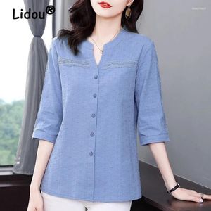 Dames blouses dames Koreaans mode kanten lagere button up shirt elegant v nek 3/4 mouw blouse casual solide katoen losse tops blusas