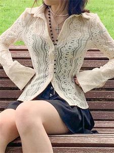 Blouses Femmes Femmes Chemises de mode coréenne Chemises à manches longues Revers boutonné Dentelle Voir à travers les hauts et les vêtements d'automne Fairycore Y2K