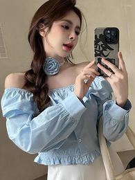 Blouses des femmes Femmes coréen vintage Fairy Core Mori Girl Shirts 2000s Aesthetic Long Slash Neck Cerc Romantic Crop Top Ballet