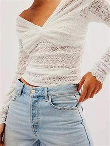 Blouses Femmes Femmes Dentelle Blouse Twist Col V Manches Longues Voir À Travers Slim Fit Chemises Casual Sexy Élégant Chic Crop Tops Été Automne