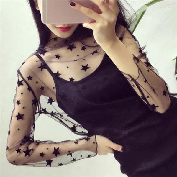 Blouses Femmes Femmes Dentelle Floral T-shirt Transparent Mesh Dames Tops Sheer Automne Transparent Col Roulé Noir À Manches Longues