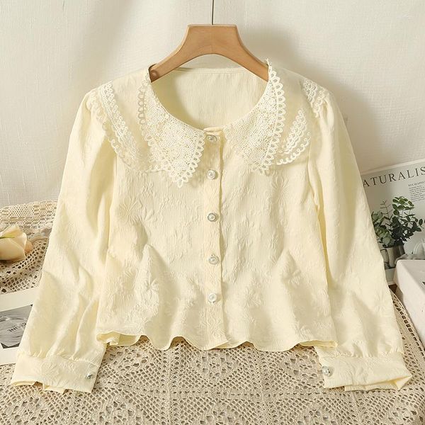 BLOSAS DE MUJERES Mujeres encaje jacquard blusa muñeca collar camiseta de manga 2023 moda de otoño preppy francesa dulce niña tapa suelta suelta