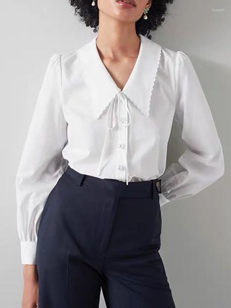 Blouses Femmes Femmes À Lacets Broderie Garniture Col Marin Coton Blanc Blouse Perles Boutons Dames Simple Simple Boutonnage Chemise Et Hauts