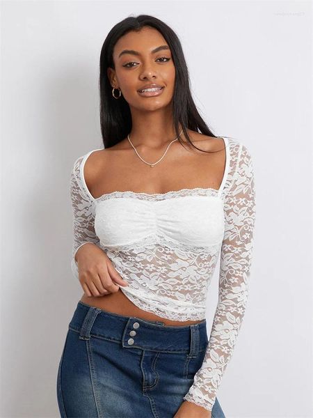 Blouses Femmes Femmes Dentelle Blouse Blanche À Manches Longues Col Carré Transparent Crop Tops Printemps Été Sexy Vintage Chic Chemise Clubwear