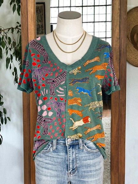 Blusas para mujer, camisetas con paneles de leopardo y flores con estilo hawaiano, ropa Y2k a la moda, Tops de manga corta con retazos y cuello redondo