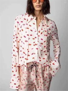 Blouses de femmes Lettre de femme Red Lip Full imprimé chemisier Lady Elegant Lace Up Long Sleeve Top Femme Single Breasted Shirts début 2023