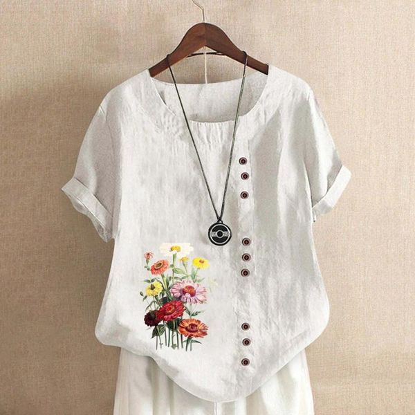Boderas para mujeres Camisa de lino para mujeres Harajuku Batwing manga suelto botón de verano impresión floral Excelente Femmes Retro Blusas Mujer