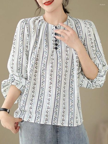 Blouses Femmes Femmes Chemisier À Manches Longues Chemise Arrivée 2023 Automne Style Vintage O-cou Imprimé Floral Lâche Femme Casual Tops Chemises B2917