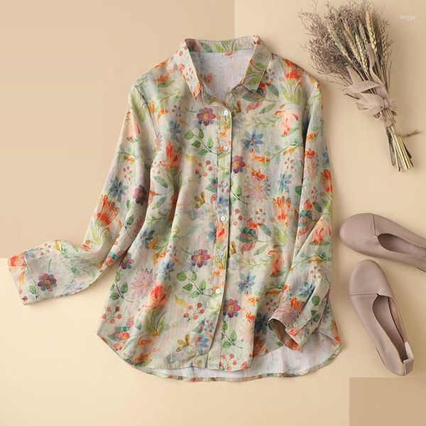 Blusas de mujer Camisas casuales de manga larga para mujer Llegada Otoño Primavera Estilo artístico Vintage Estampado floral Tops sueltos de lino de algodón para mujer