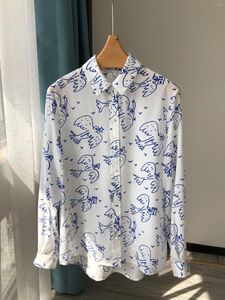 Blouses Femmes Femmes À Manches Longues Chemisier En Soie Élégant Rétro Dessiné À La Main Doodle Oiseaux Imprimer Chemise Simple Boutonnage Chemise Décontractée Haut