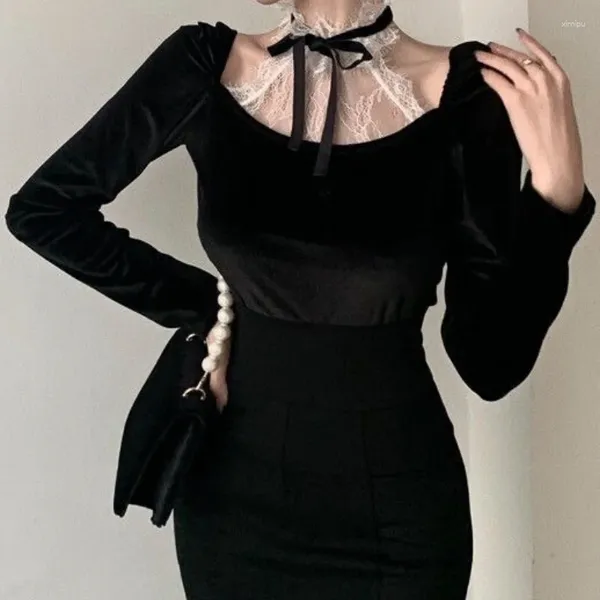 Blouses Femmes Femmes À Manches Longues Rétro Slim Tops Dentelle Design Mode Coréenne Noir Vintage Blouse Bureau Dame Soirée Vêtements 2024