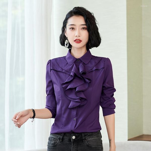 Blouses pour femmes femmes à manches longues chemise à volants solide violet blanc coréen mince en mousseline de soie Ol chemises de travail bureau dames hauts formels vêtements