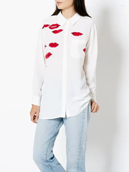 Blusas de mujer Blusa de seda de manga larga con estampado de labios camisa de un solo pecho 2023 camisa blanca con cuello vuelto para mujer