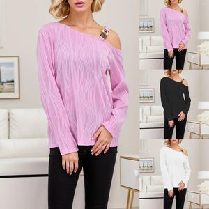 Blouses Femmes Femmes Manches Longues Tee Shirt Automne Hiver Casual Confortable Chic Bouton En Métal Hors Épaule Chemises Élégant Femme Habillée