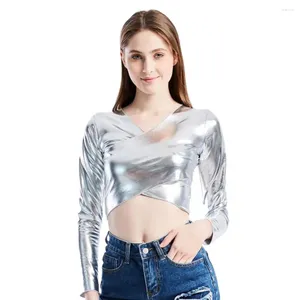 Women's Blouses Women Women Long Sleeve Top Slanke Faux Leather V Neck Blouse voor korte taille-blootgestelde club met slanke dans