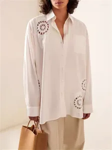 Women voor blouses vrouwen lange mouw witte blouse cirkelvormig patroon haken hol uit top dames afslaan kraag met een enkel borsten shirt