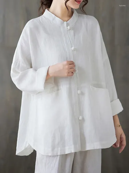 Blusas de mujer Camisa blanca de manga larga para mujer llegada 2024 otoño estilo chino Vintage cuello alto suelto femenino algodón Casual Tops B3125
