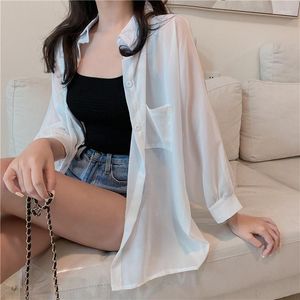 Blouses pour femmes femmes à manches longues blanc crème solaire chemise Femal décontracté chemises amples mince Transparent 2023 été