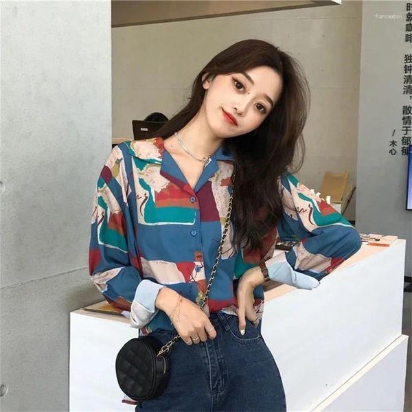 Blouses pour femmes Femmes Lâche Peinture à l'huile Imprimé 2024 Chemise Rétro Style Coréen À Manches Longues Harajuku Blouse Femme Top Tuniques