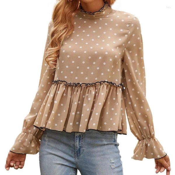 Blusas de mujer Mujeres sueltas Peplum Túnica Tops Primavera Otoño Ropa Elegante Manga larga Puntos Volantes Dobladillo Gasa Ropa femenina Ropa de calle