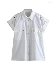 Damesblouses Dames losse mouwloze witte shirts Zomer tops met enkele rij knopen en zakken Mode
