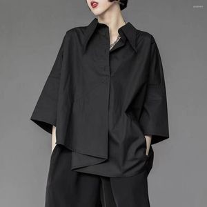 Blouses femme femmes hommes chemise poche ourlet irrégulier simple boutonnage manches 3/4 haut couleur unie revers ample été printemps