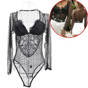 Damesblouses Dames mesh kanten bodysuit Transparant sexy Catsuit jumpsuit met lange mouwen Bralette bodysuits