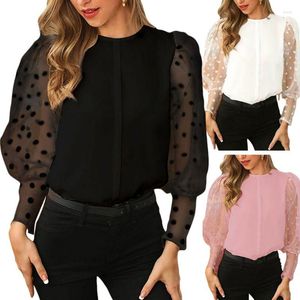 Chemisiers pour femmes Femmes Mesh Puff Lantern Sleeves Blouse Polka Dot Solid Color O-Neck Loose Shirts N7YE