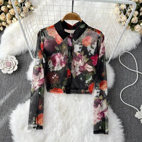 Blouses pour femmes Femmes Mesh vintage Imprimé floral Shirt à manches longues But Collar élastique Slim Crop Top femelle Blouse élégante Y2K