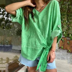 Blouses pour femmes Femmes O-cou pliage solide Solid Pullover Casual Female High Street Long Sleeve 2024 Spring Loose Lace Up Commuting Shirt