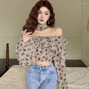 Women's Blouses vrouwen van schouder chiffon shirt blootgesteld navel Koreaanse stijl slanke sexy kraag bloemen zoete blouse