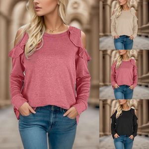 Damesblouses Vrouwen off-the-shoulder gegolfd T-shirt Effen kleur Oversized Losse ronde hals Kleding Top Lente Herfst Baggy Streetwear