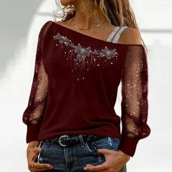 Blouses Femmes Femmes Une Épaule Top Party Superbe Sequin Strass Blouse Sheer Mesh Patchwork Col Diagonal Plus Taille Pour L'automne